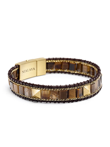 Nialaya Men's Beaded Bracelet Brown Tiger Eye Stud Bracelet Brown Tiger Eye Stud Bracelet